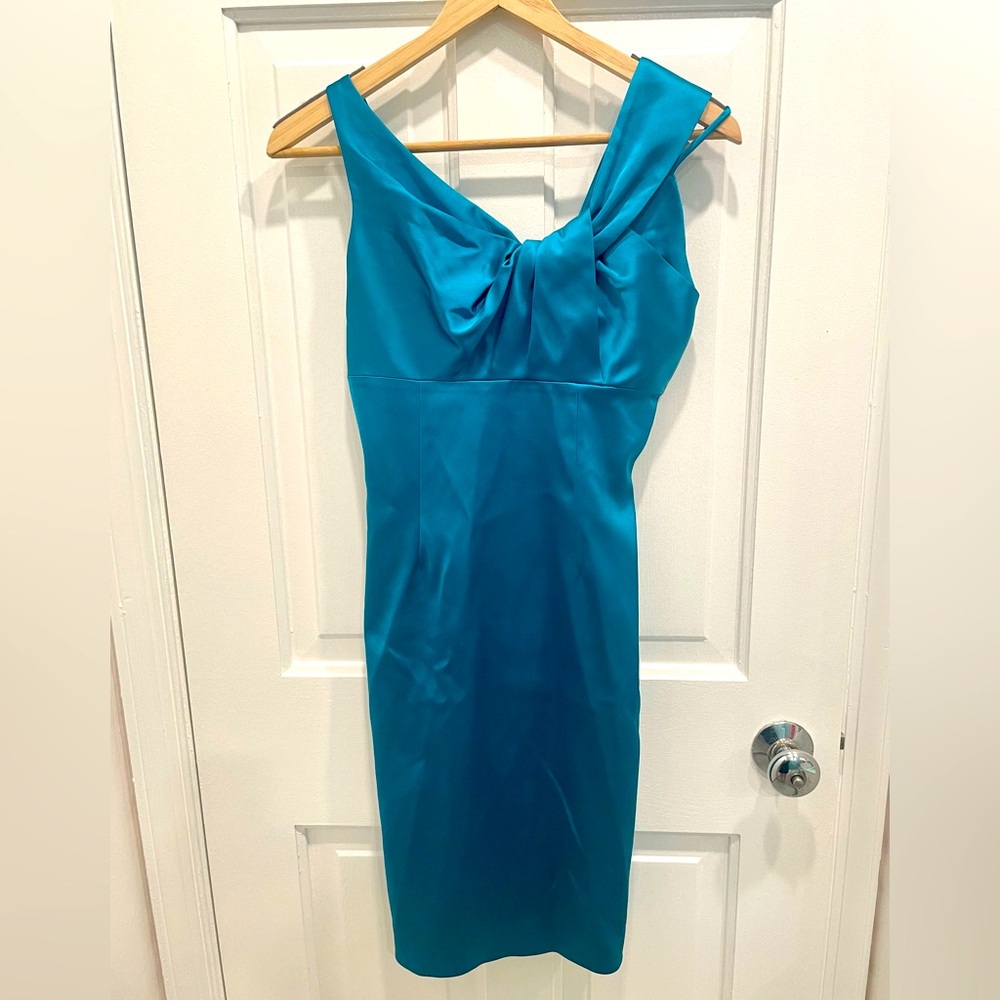 David Meister Evening Teal Sleeveless Dress, Asymmetric Neckline